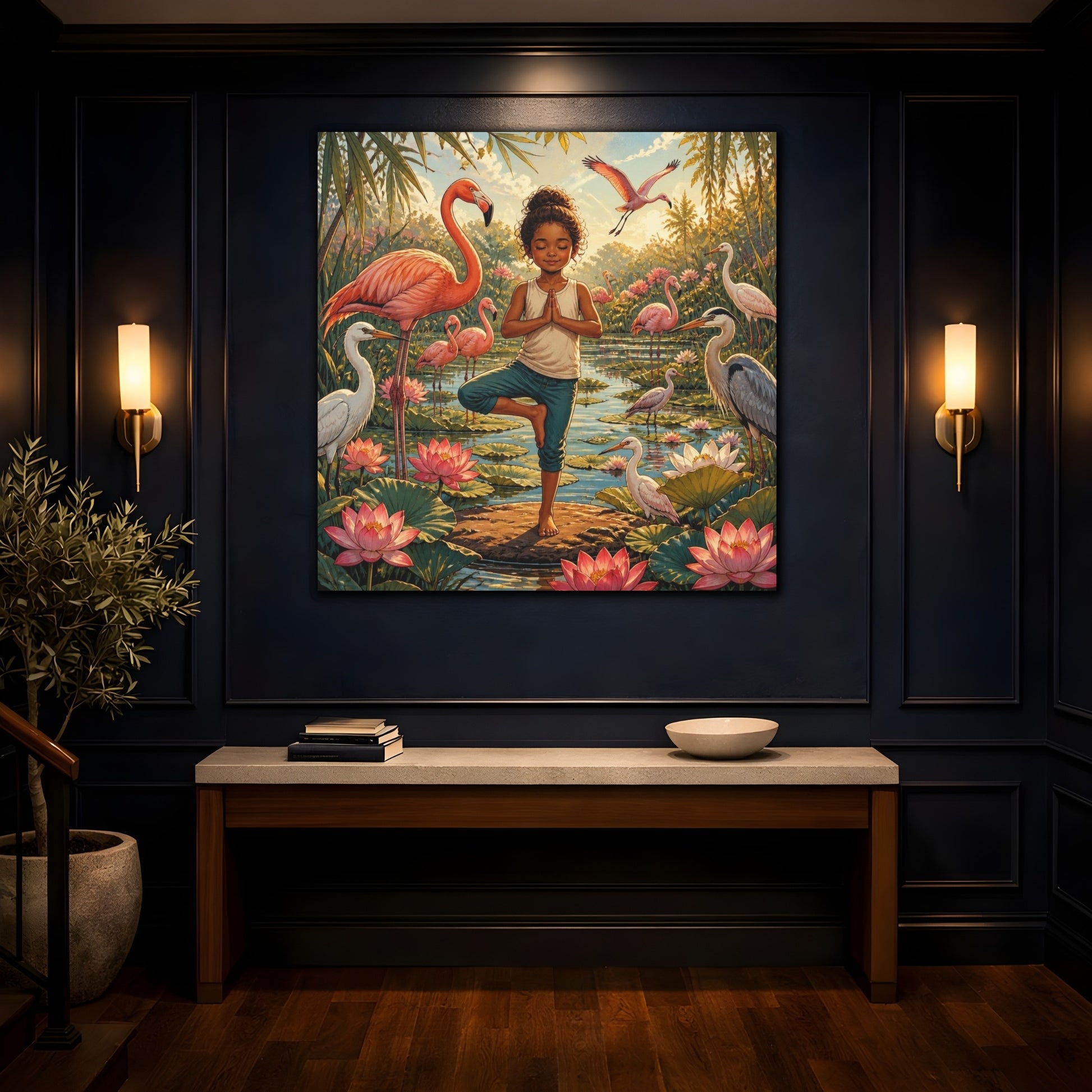 Mockup 4. Yoga Girl With Flamingos shown as canvas print
