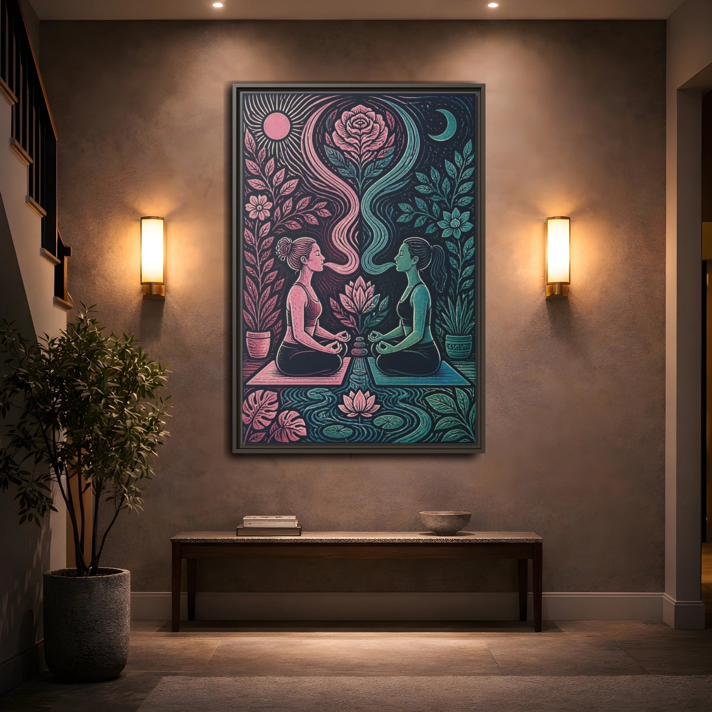Mockup 2. Yoga Lotus Meditation shown as framed canvas print