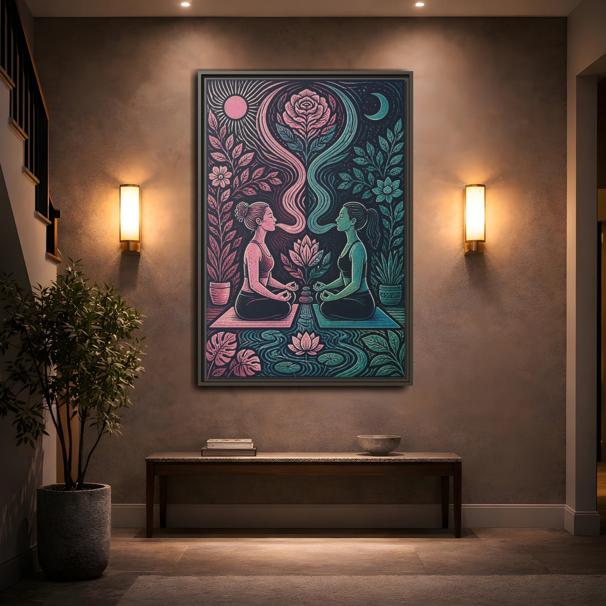 Mockup 2. Yoga Lotus Meditation shown as framed canvas print