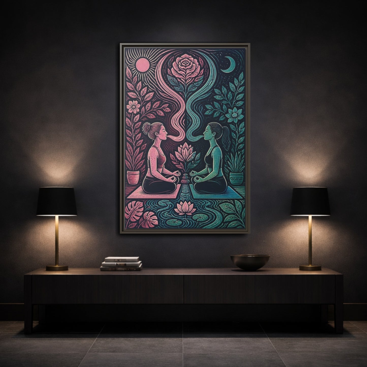 Mockup 3. Yoga Lotus Meditation shown as framed canvas print