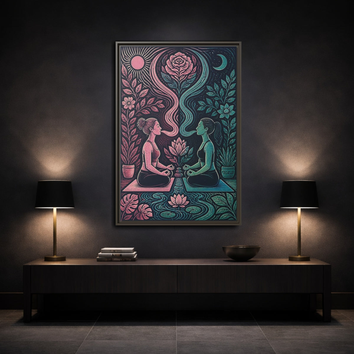 Mockup 3. Yoga Lotus Meditation shown as framed canvas print