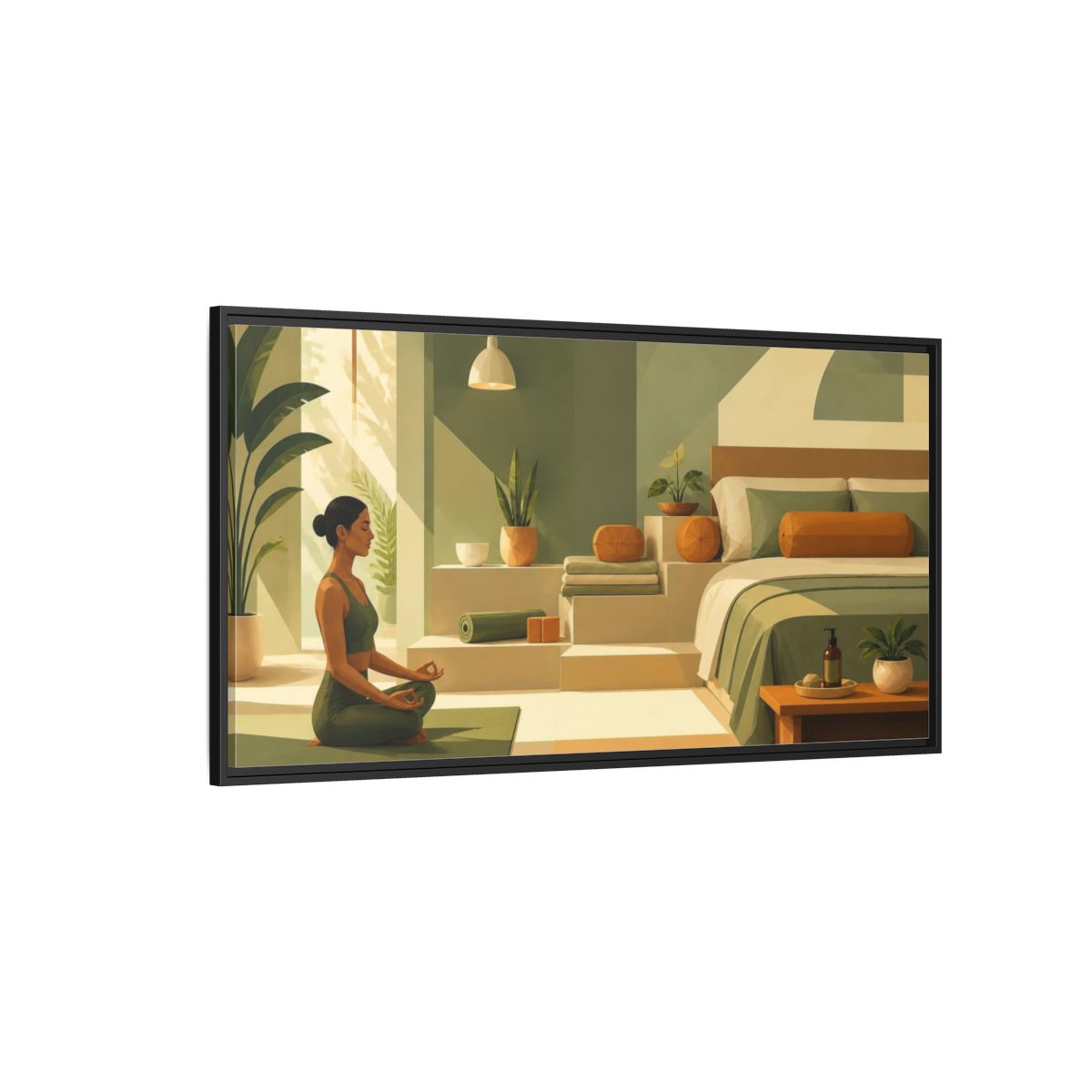Side Mockup 5. Yoga Meditating Woman shown as framed canvas print