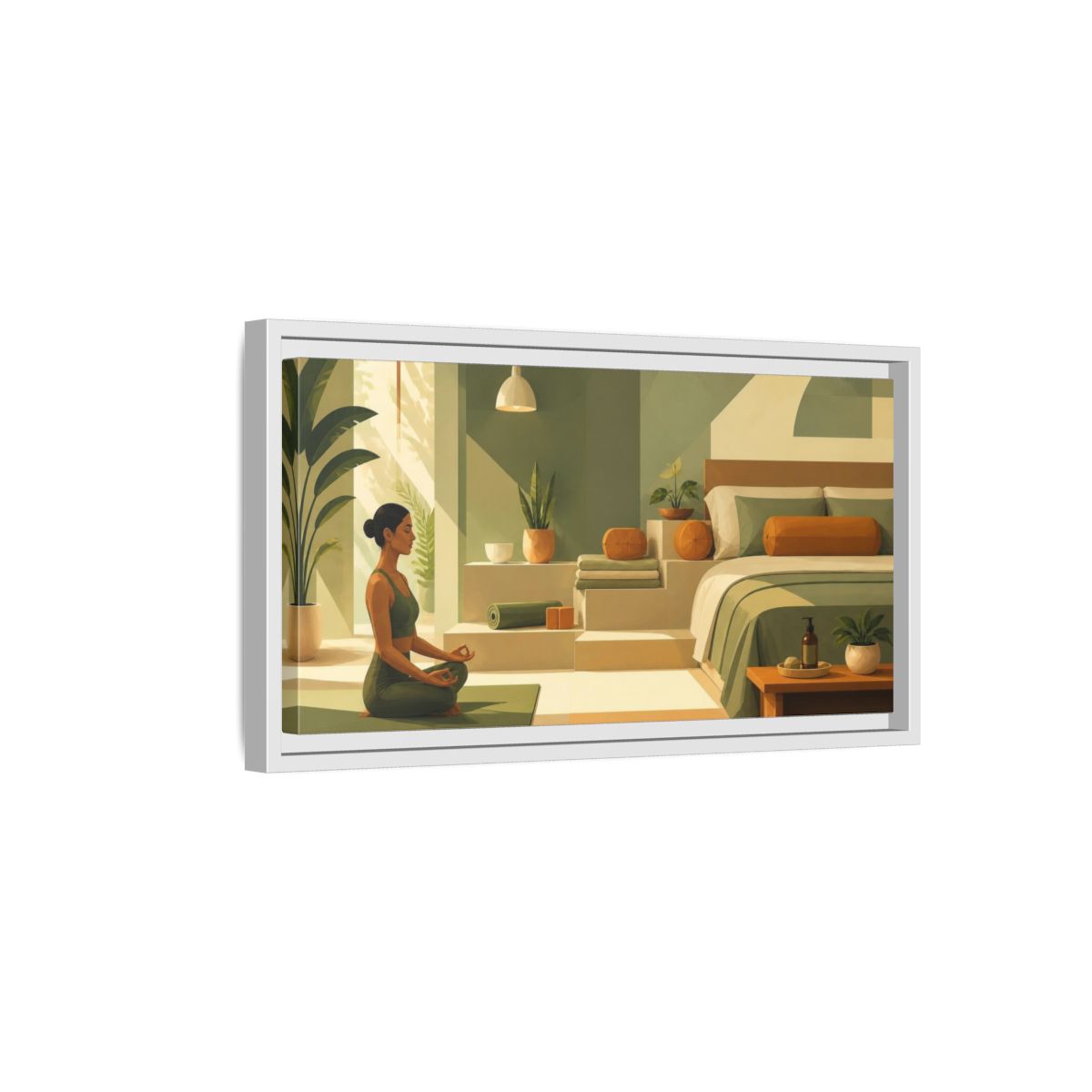 Side Mockup 6. Yoga Meditating Woman shown as framed canvas print