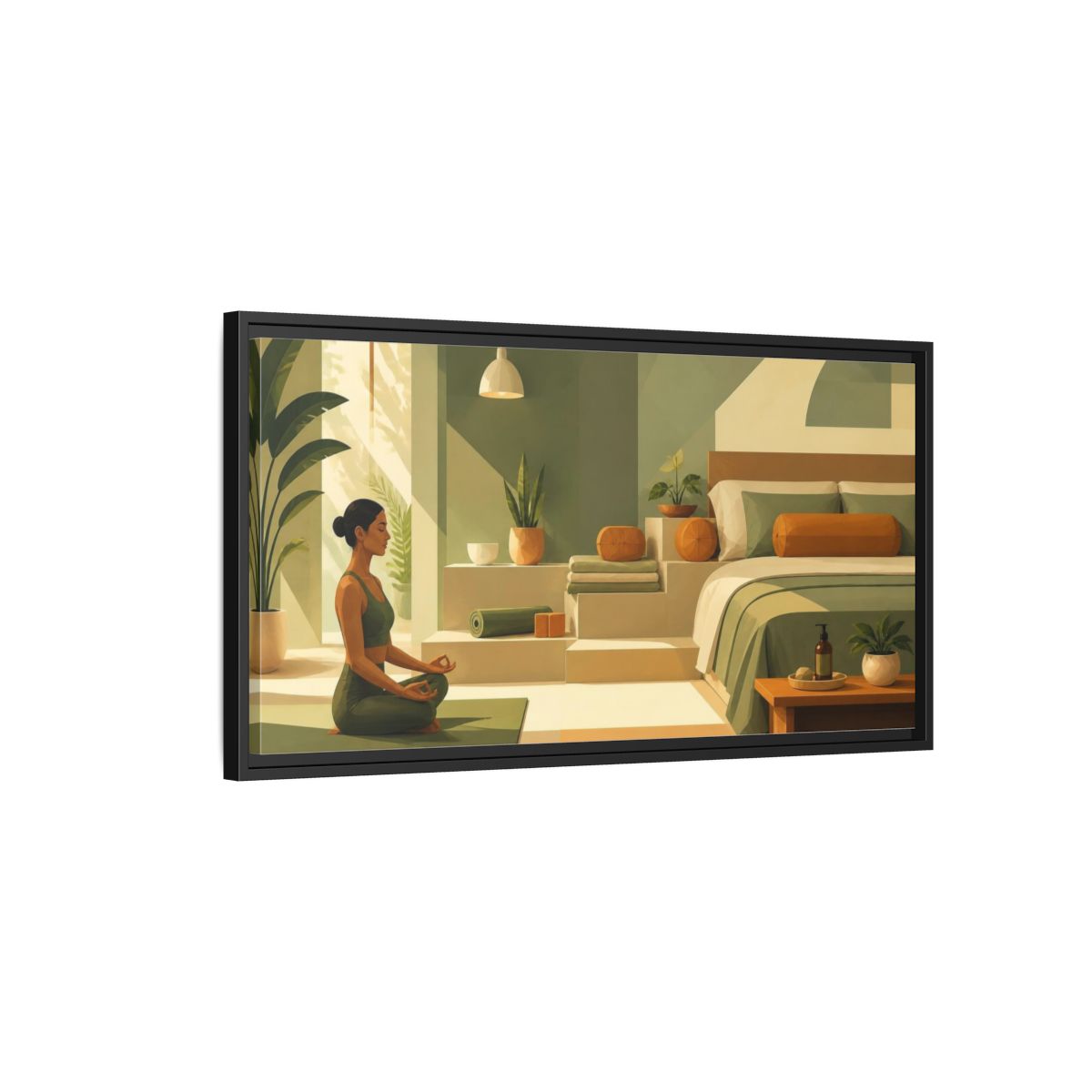 Side Mockup 2. Yoga Meditating Woman shown as framed canvas print