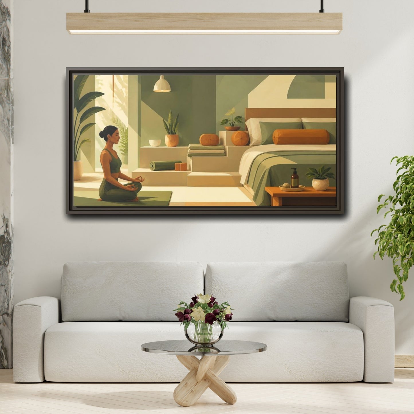 Mockup 2. Yoga Meditating Woman shown as framed canvas print