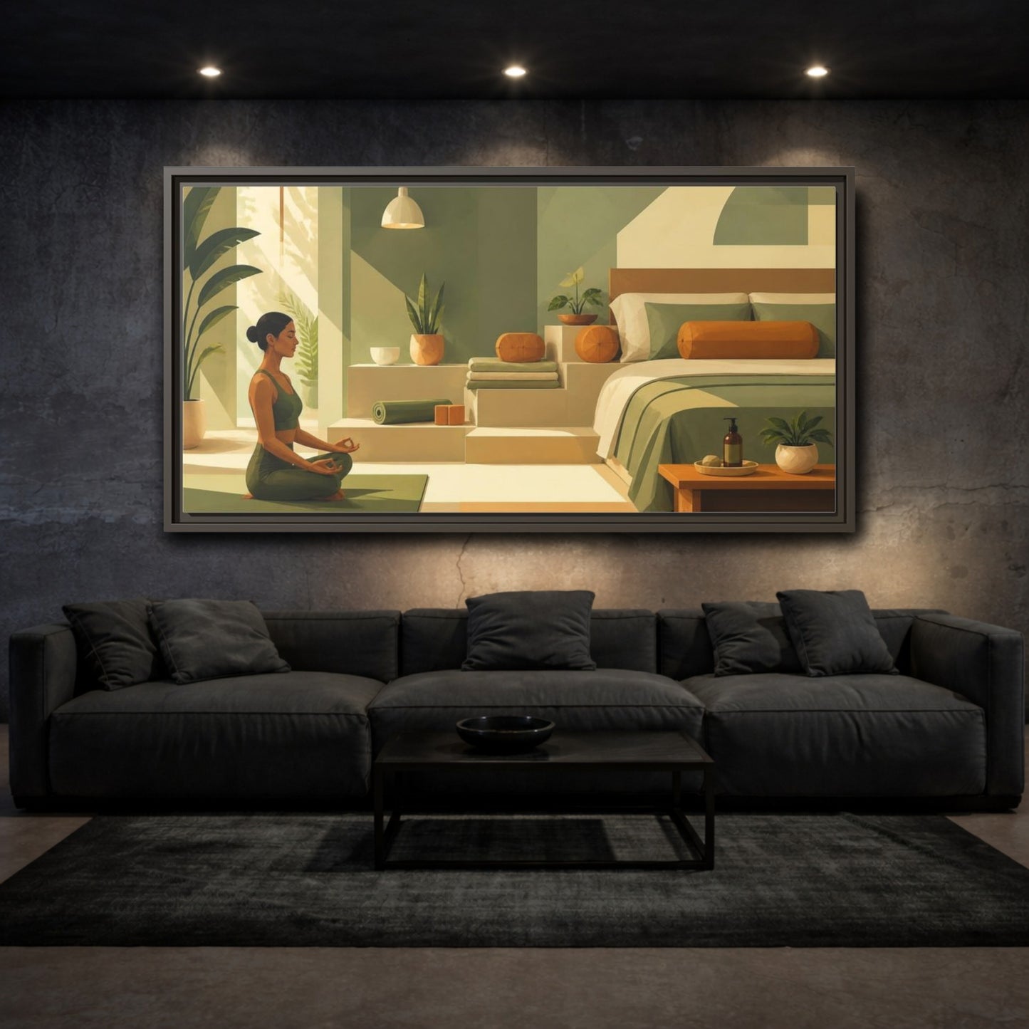 Mockup 3. Yoga Meditating Woman shown as framed canvas print