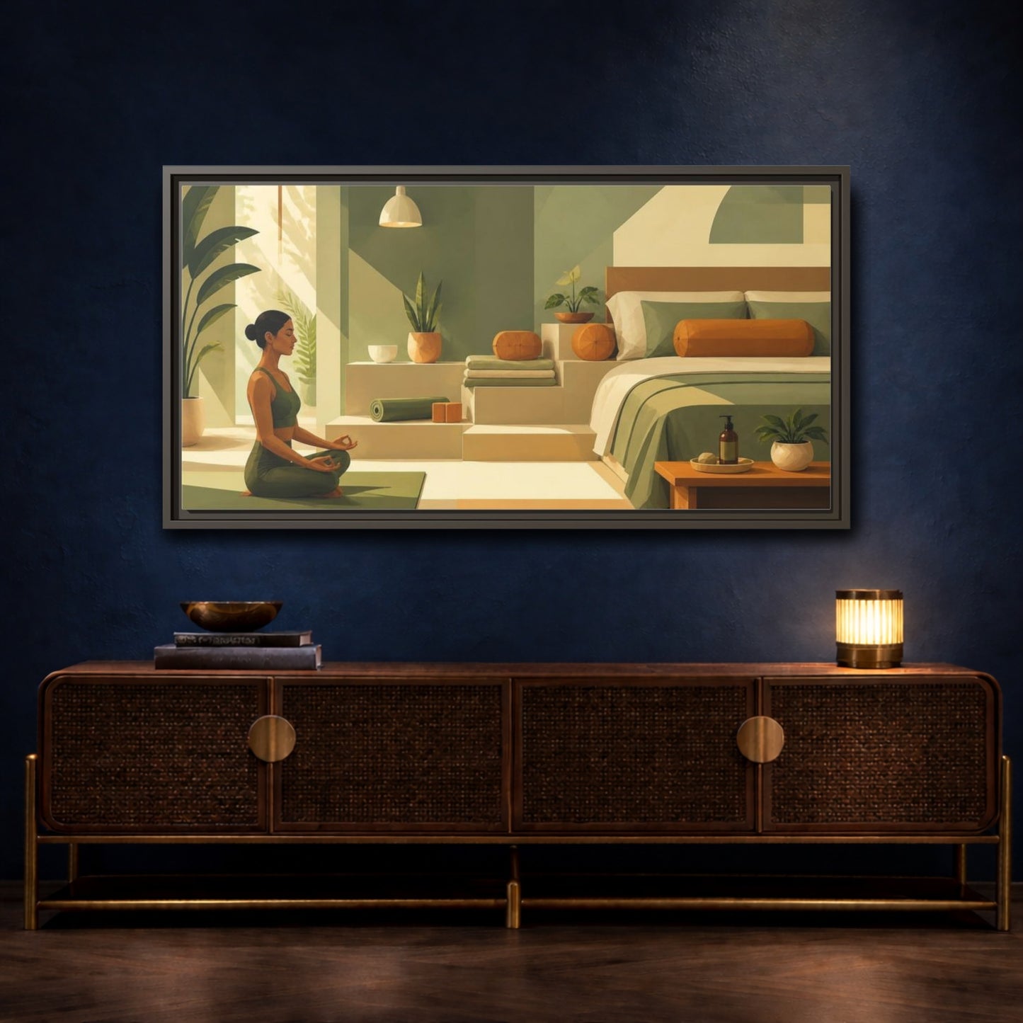 Mockup 4. Yoga Meditating Woman shown as framed canvas print