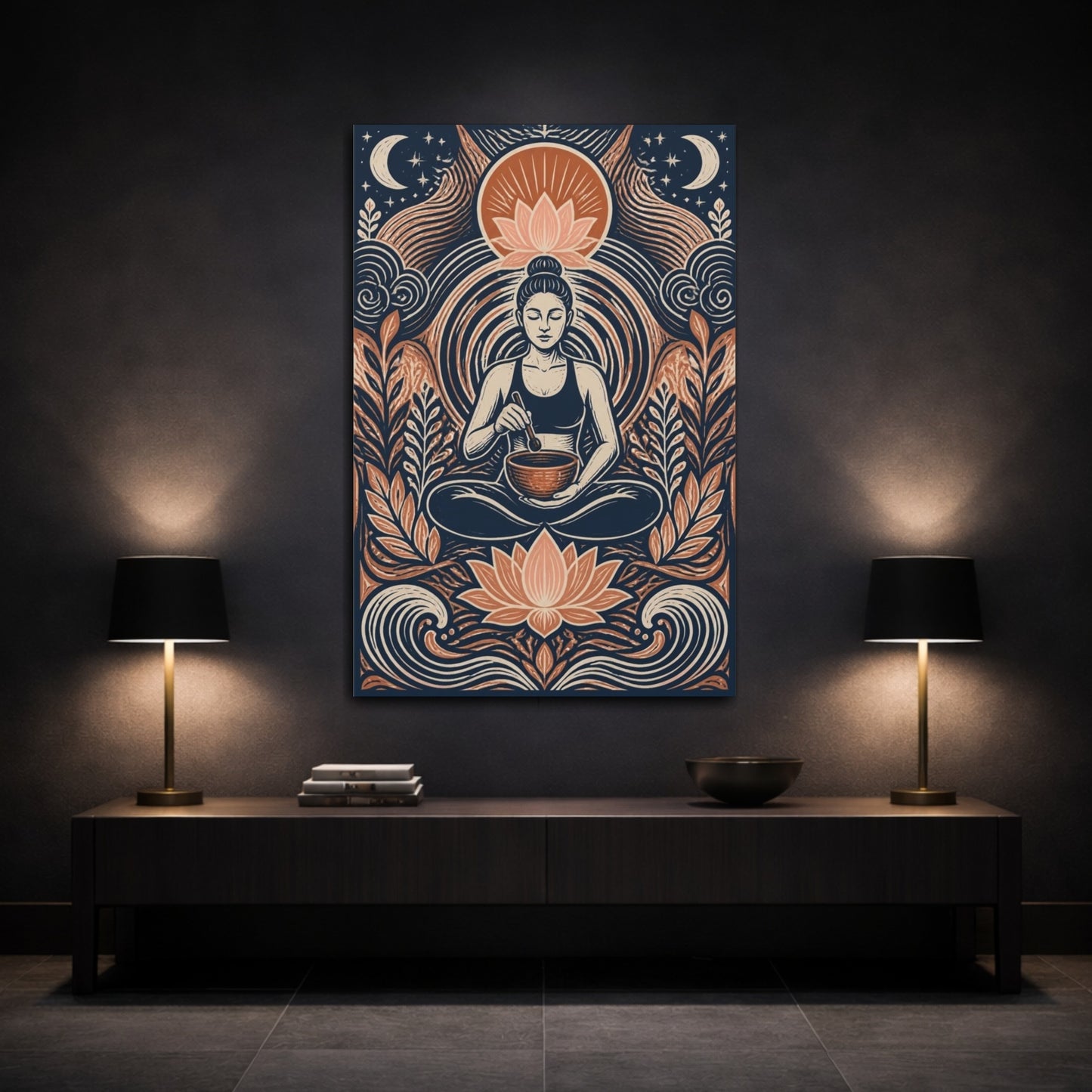 Mockup 3. Yoga Meditation Lotus shown as canvas print