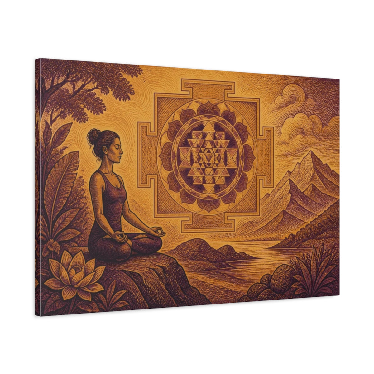 Main Mockup. Yoga Meditation Mandala shown as canvas print