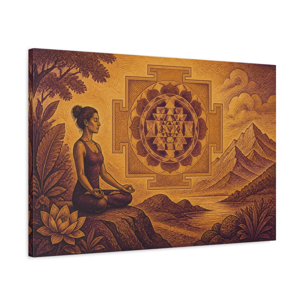 Side Mockup 2. Yoga Meditation Mandala shown as canvas print