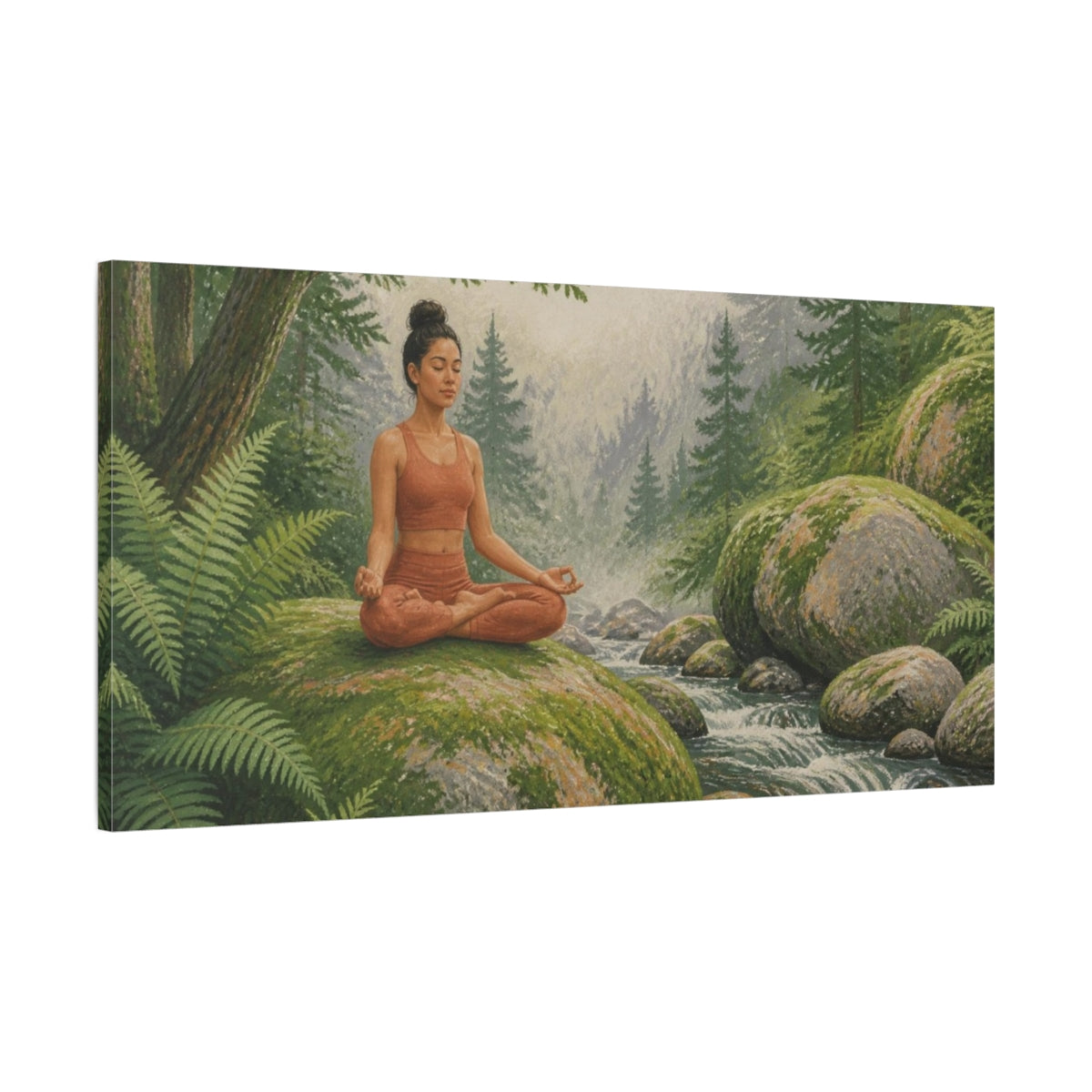 Main Mockup. Yoga Meditation On Mossy Boulder shown as canvas print