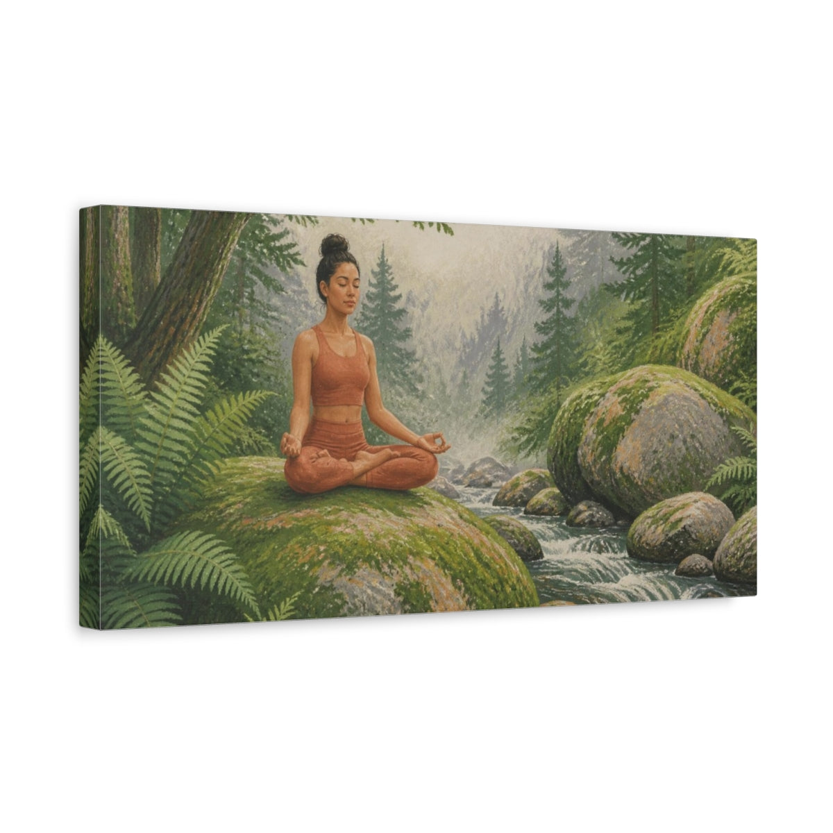 Side Mockup 3. Yoga Meditation On Mossy Boulder shown as canvas print