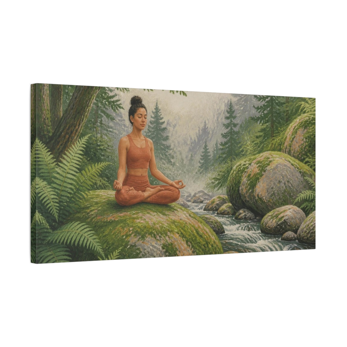 Side Mockup 1. Yoga Meditation On Mossy Boulder shown as canvas print