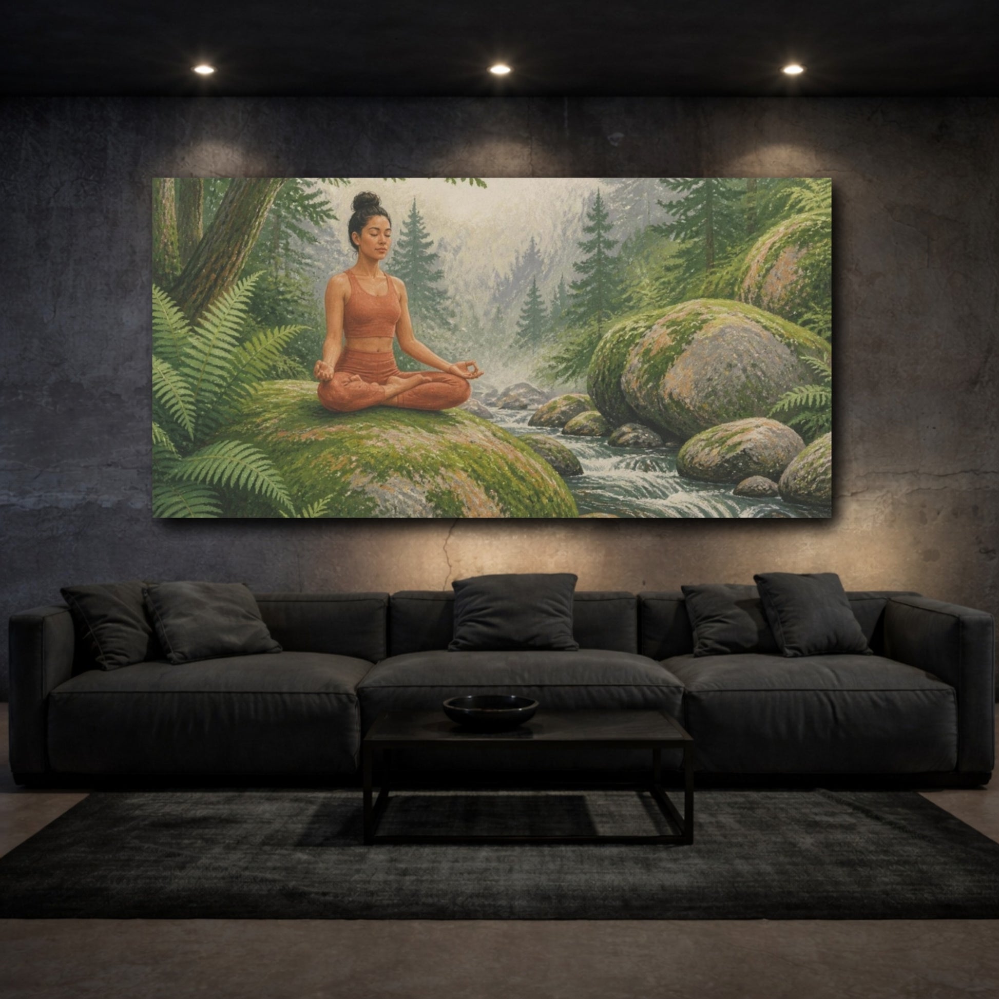 Mockup 3. Yoga Meditation On Mossy Boulder shown as canvas print