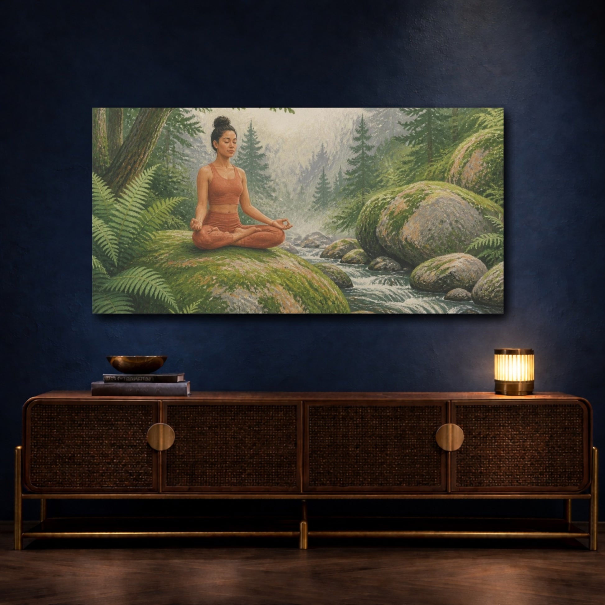 Mockup 4. Yoga Meditation On Mossy Boulder shown as canvas print