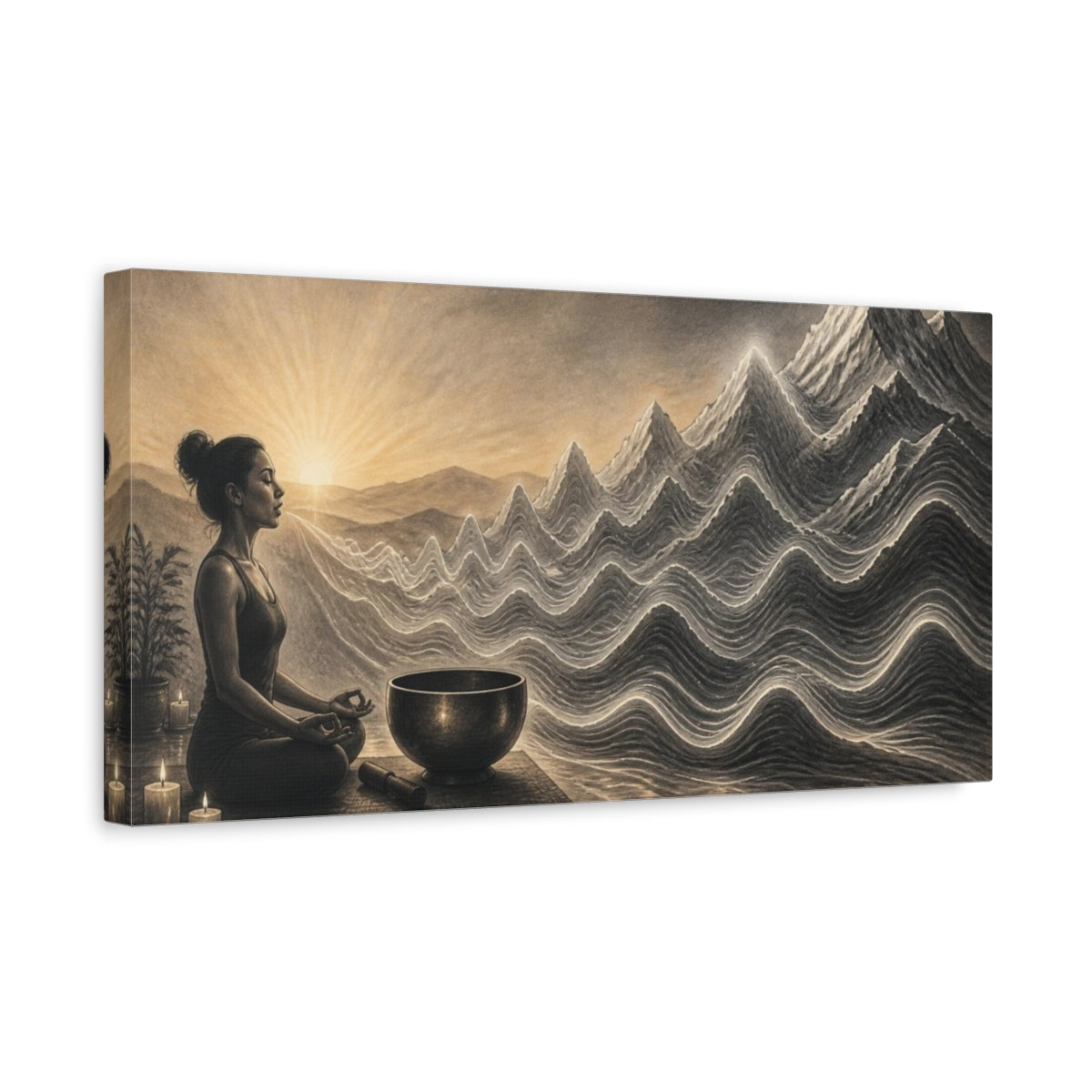 Side Mockup 3. Yoga Meditation Singing Bowl shown as canvas print
