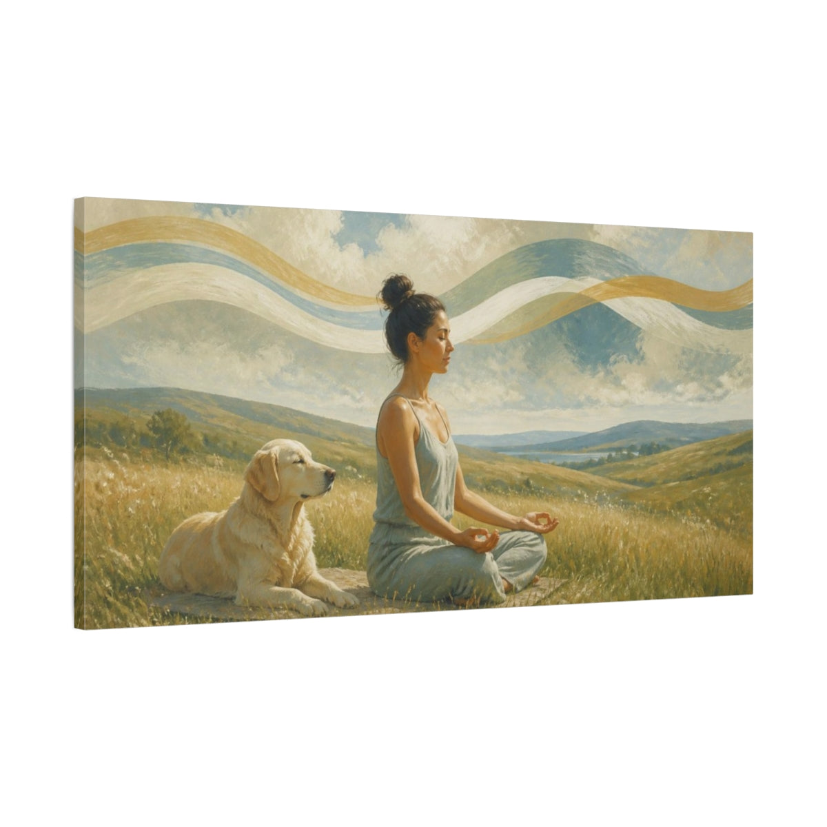 Main Mockup. Yoga Meditation With Dog shown as canvas print