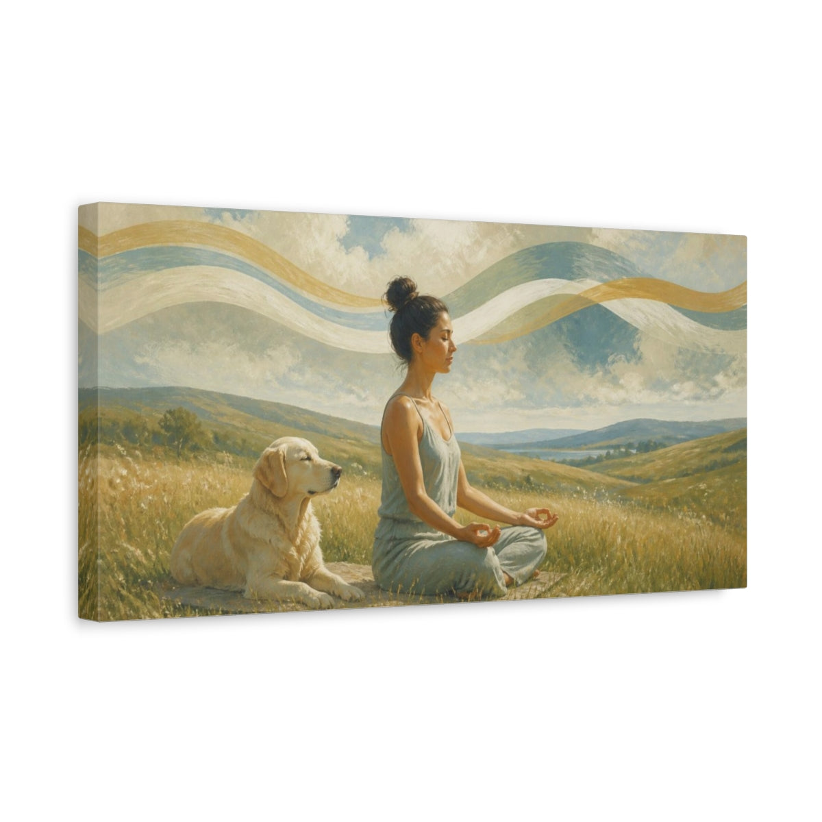 Side Mockup 3. Yoga Meditation With Dog shown as canvas print