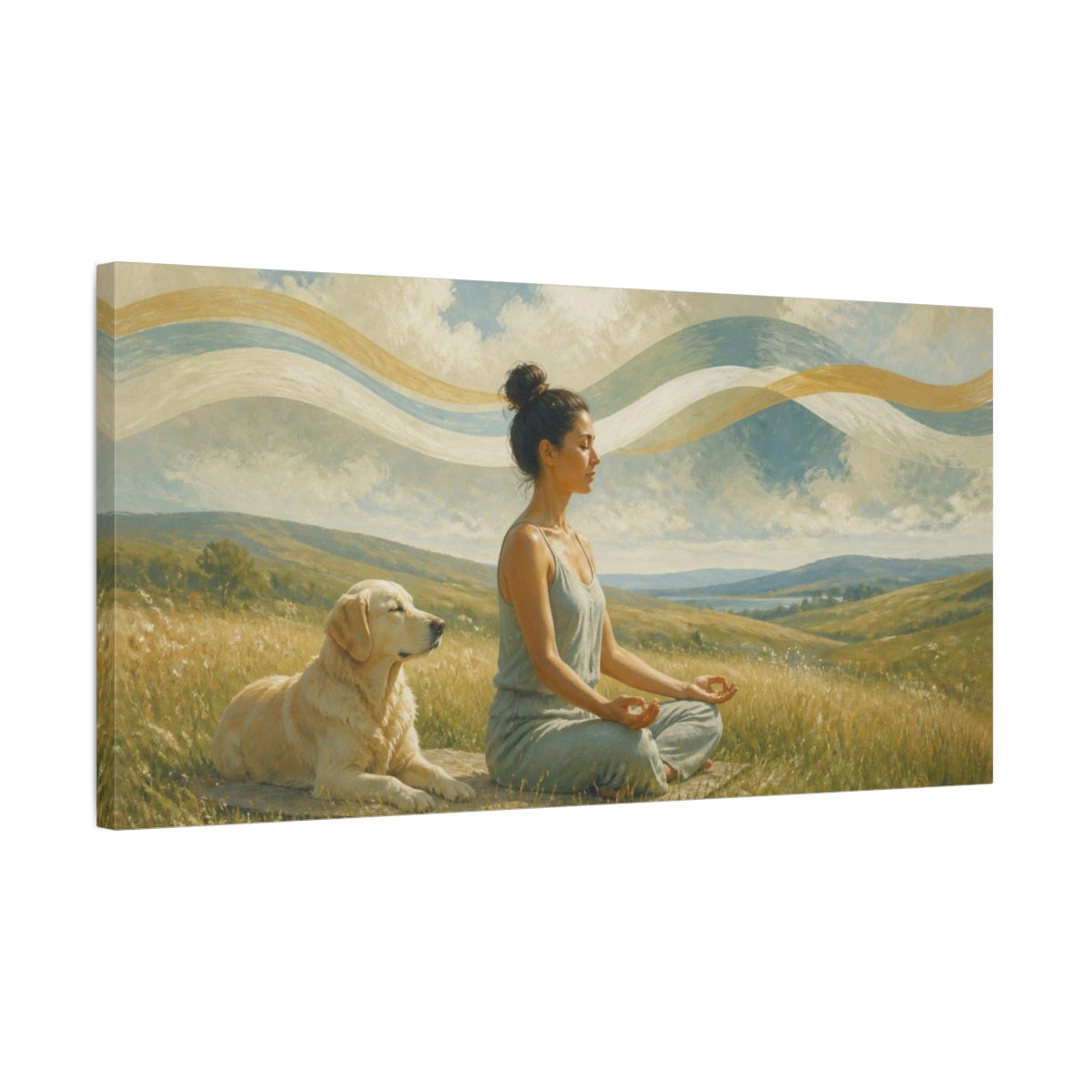 Side Mockup 1. Yoga Meditation With Dog shown as canvas print