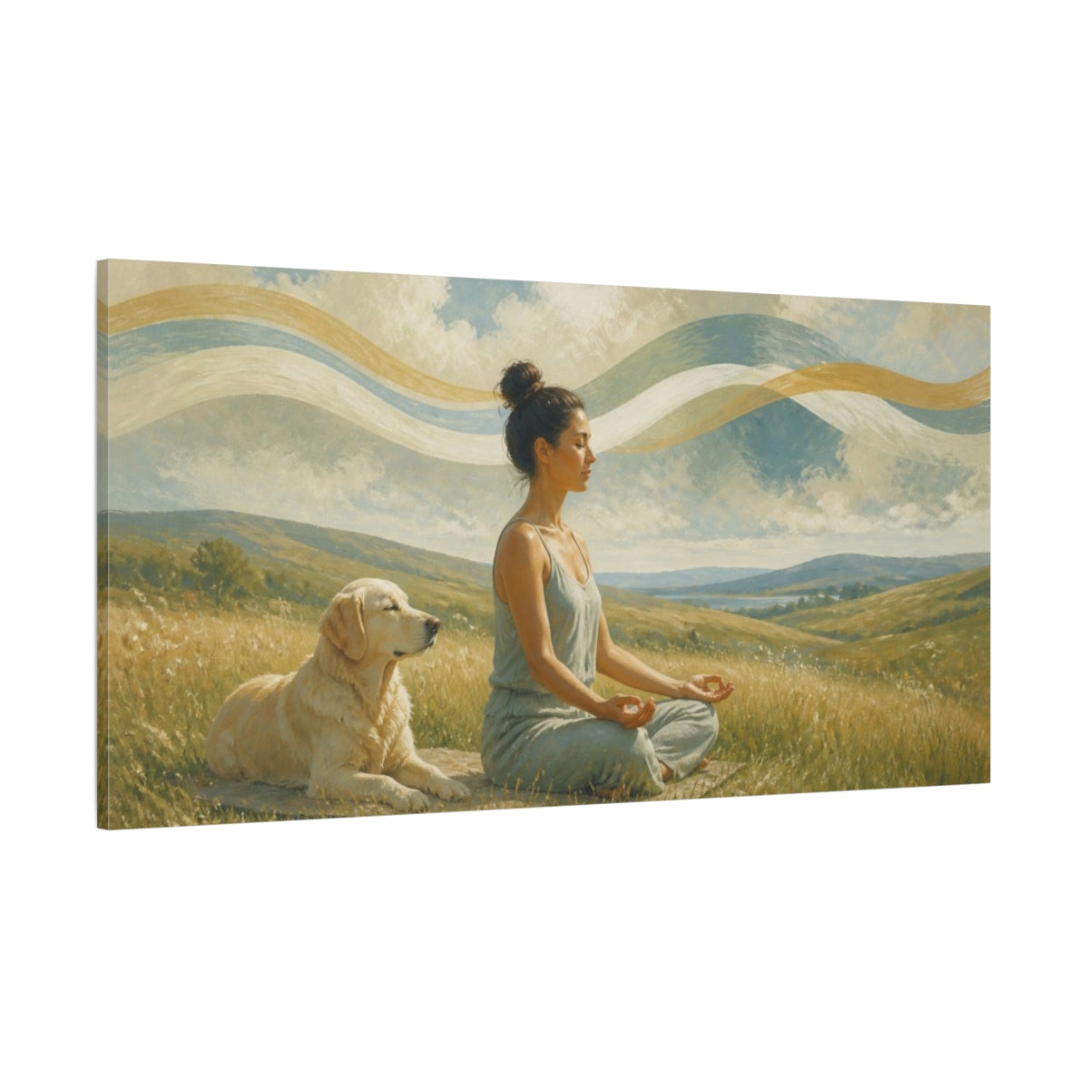 Side Mockup 2. Yoga Meditation With Dog shown as canvas print