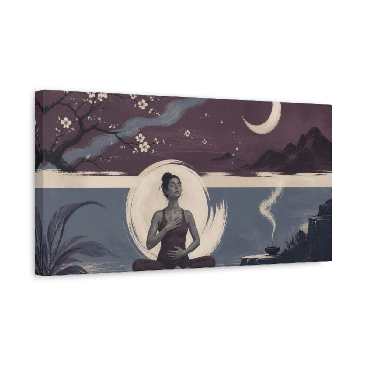 Side Mockup 3. Yoga Meditation Woman shown as canvas print