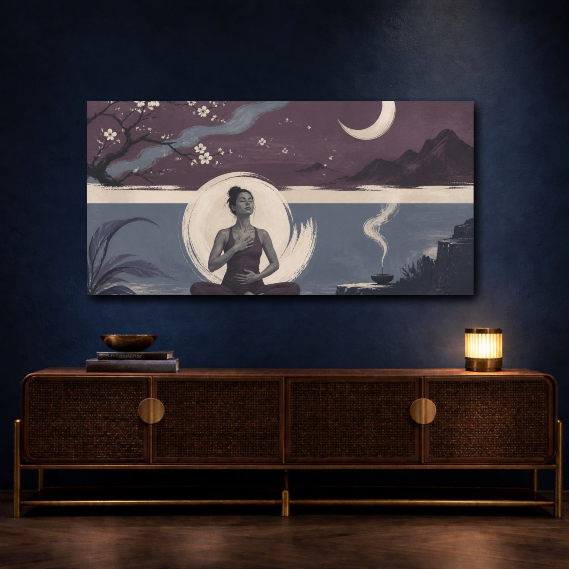 Mockup 4. Yoga Meditation Woman shown as canvas print
