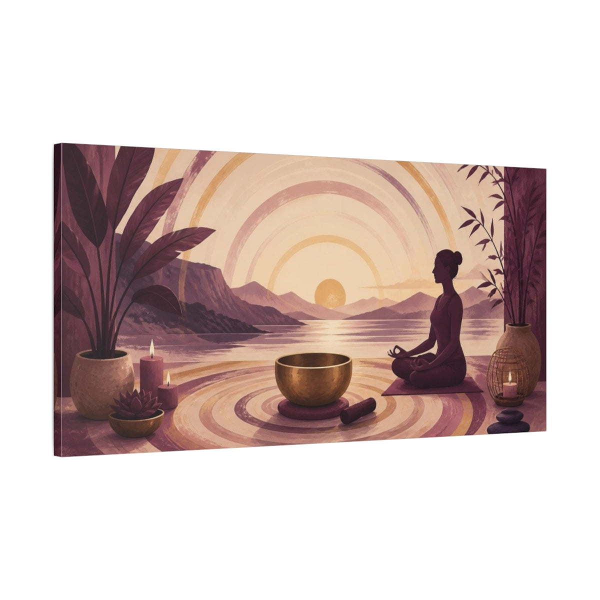 Main Mockup. Yoga Meditator Sunset shown as canvas print