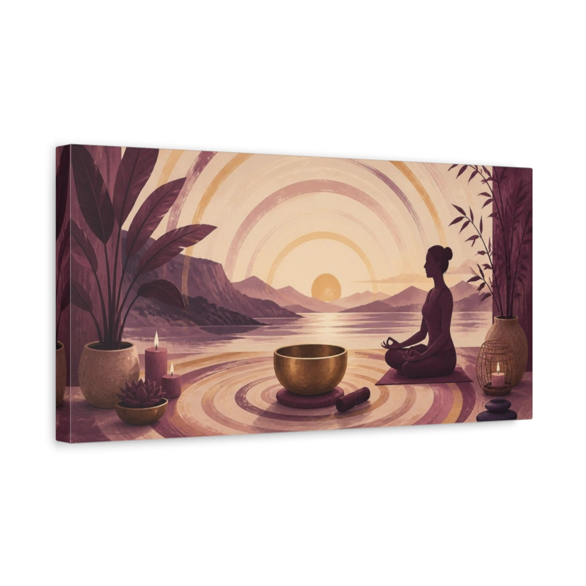 Side Mockup 3. Yoga Meditator Sunset shown as canvas print