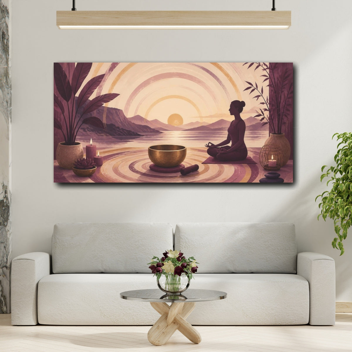 Mockup 2. Yoga Meditator Sunset shown as canvas print