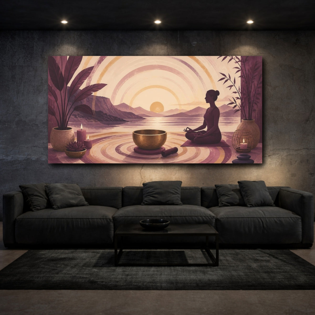 Mockup 3. Yoga Meditator Sunset shown as canvas print