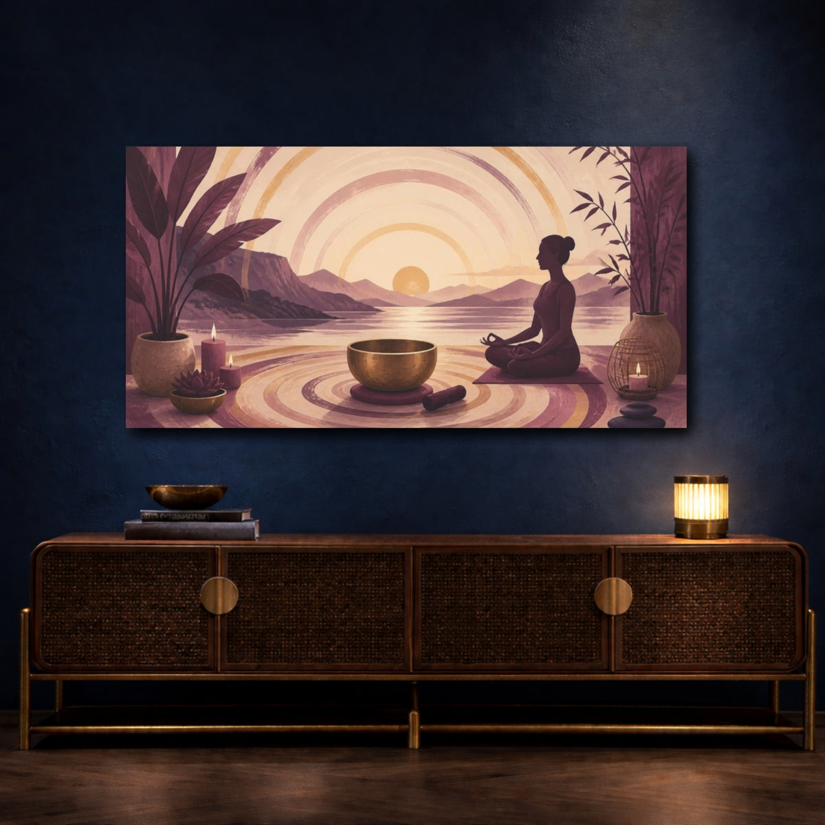Mockup 4. Yoga Meditator Sunset shown as canvas print
