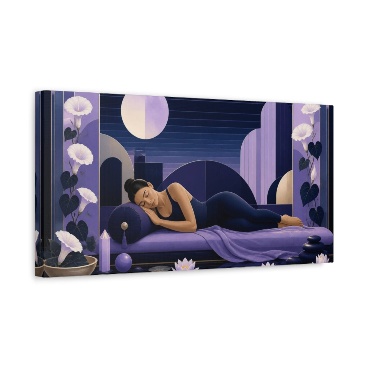 Side Mockup 3. Yoga Resting Woman shown as canvas print