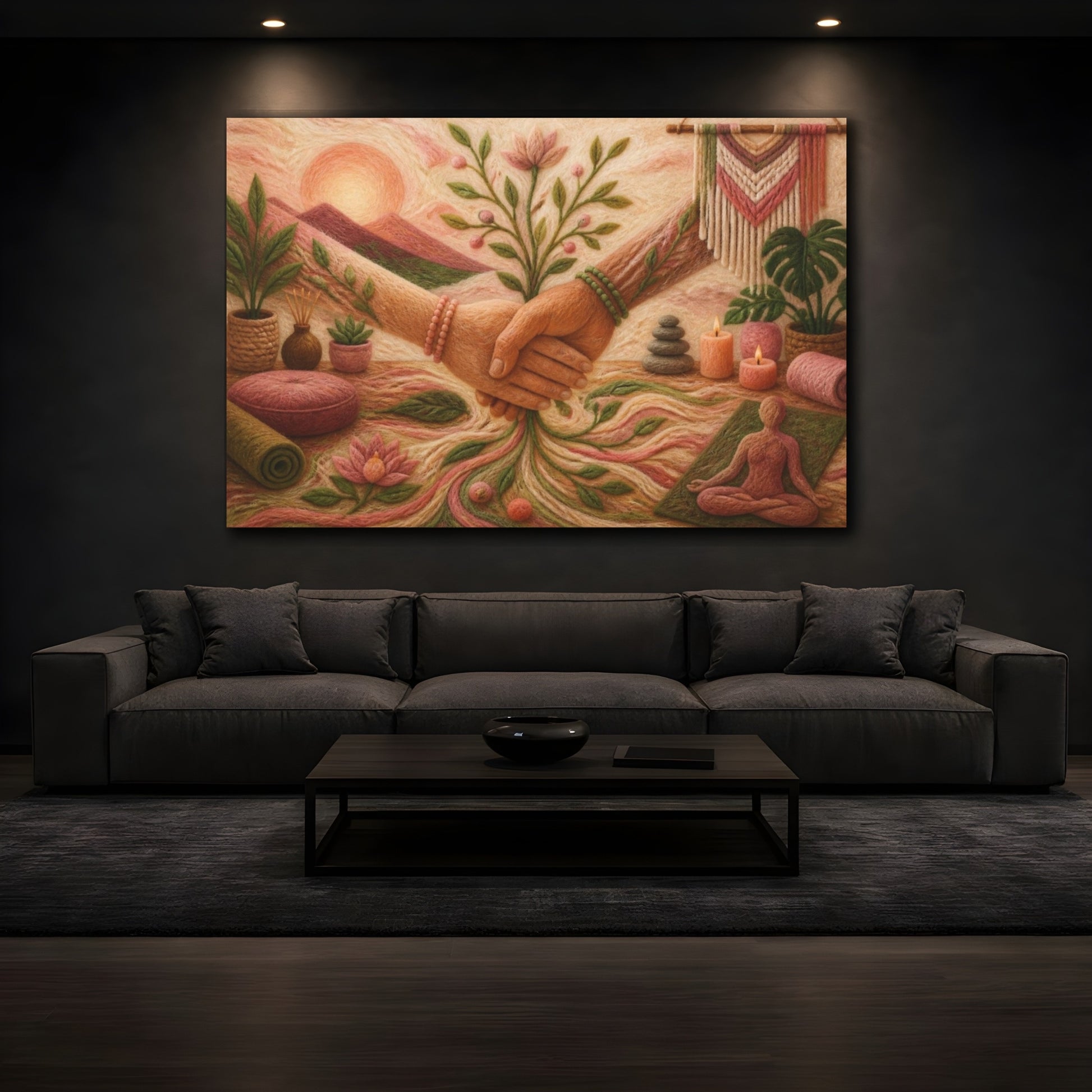Mockup 3. Yoga Unity Hands shown as canvas print