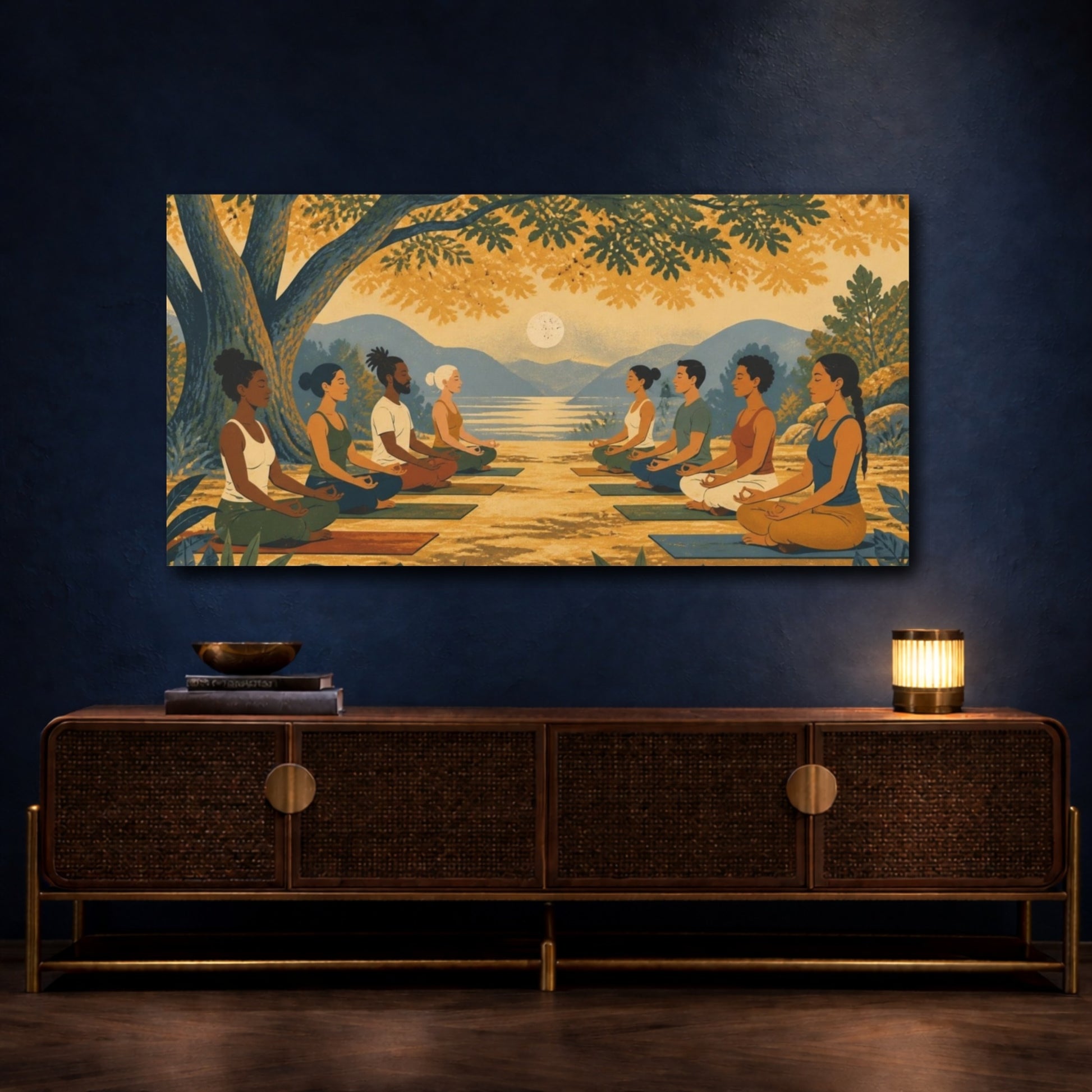 Mockup 4. Yoga Wellness Group Sunset Large Tree shown as canvas print