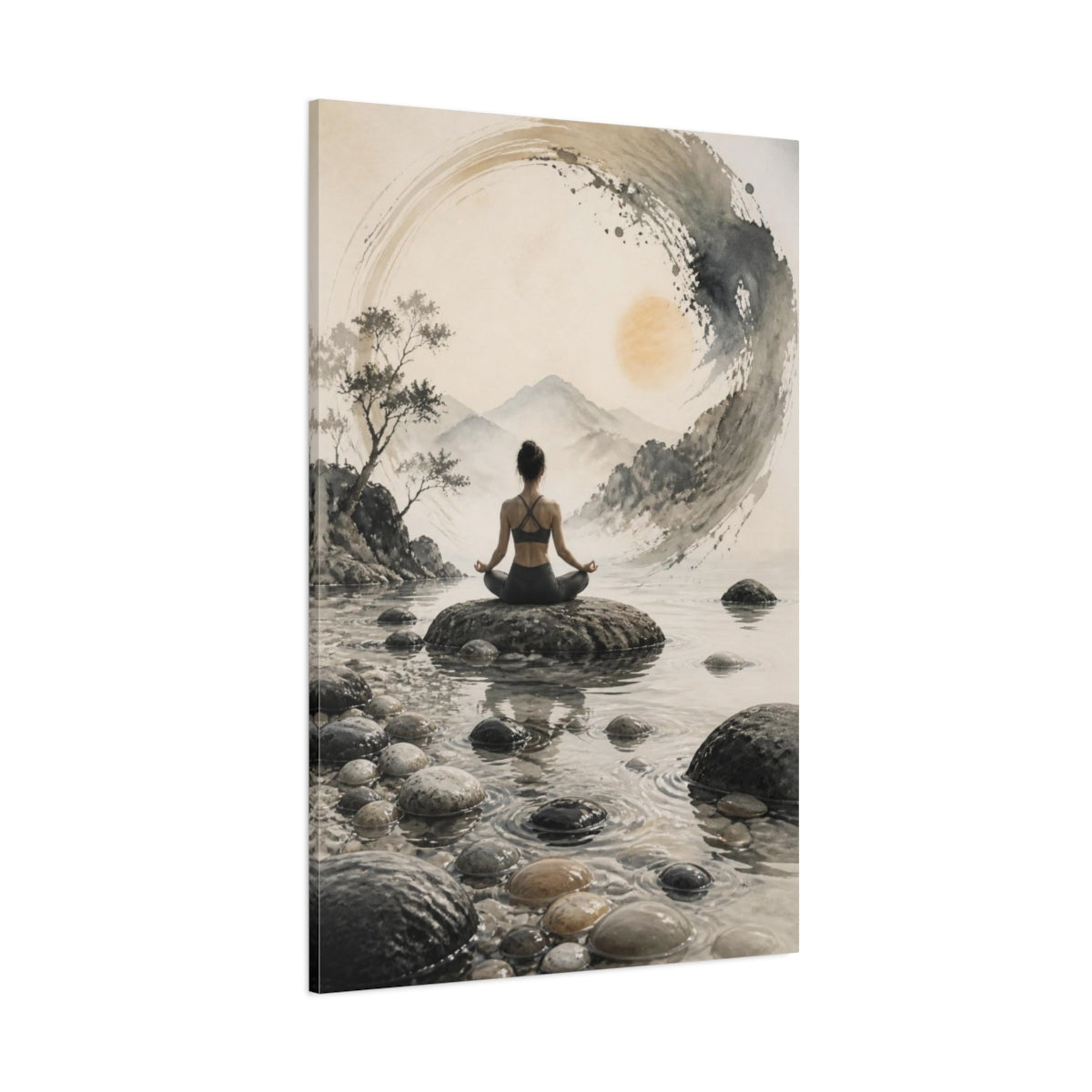 Side Mockup 1. Yoga Wellness Meditating Woman Meditation Mountains shown as canvas print