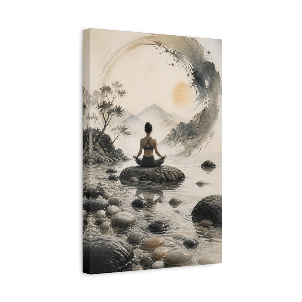 Side Mockup 4. Yoga Wellness Meditating Woman Meditation Mountains shown as canvas print