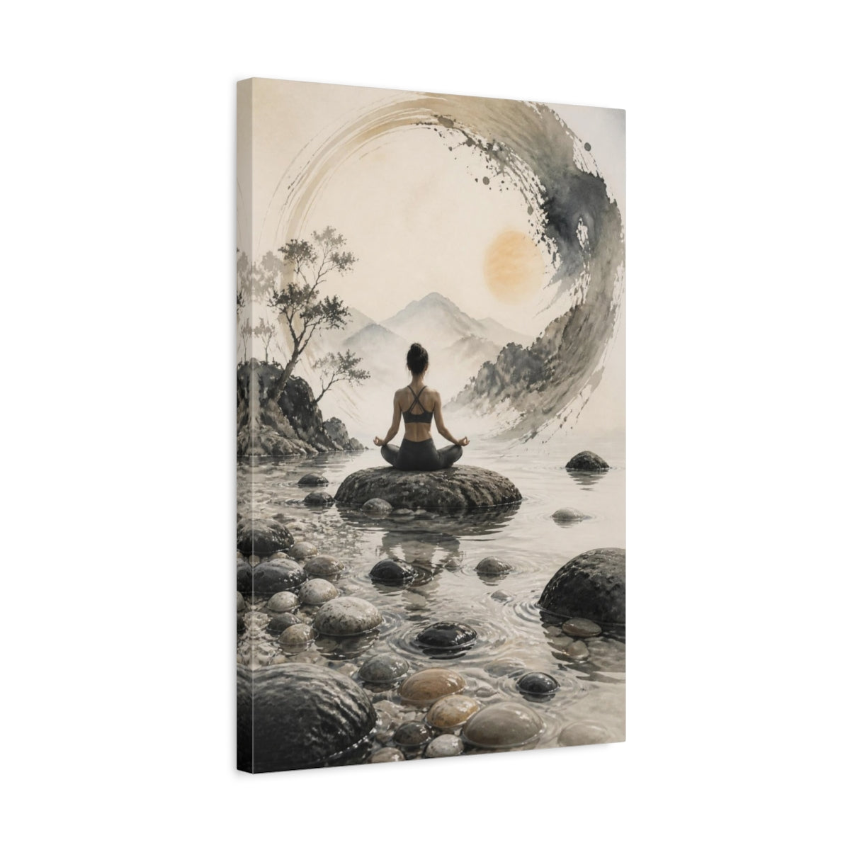Side Mockup 3. Yoga Wellness Meditating Woman Meditation Mountains shown as canvas print