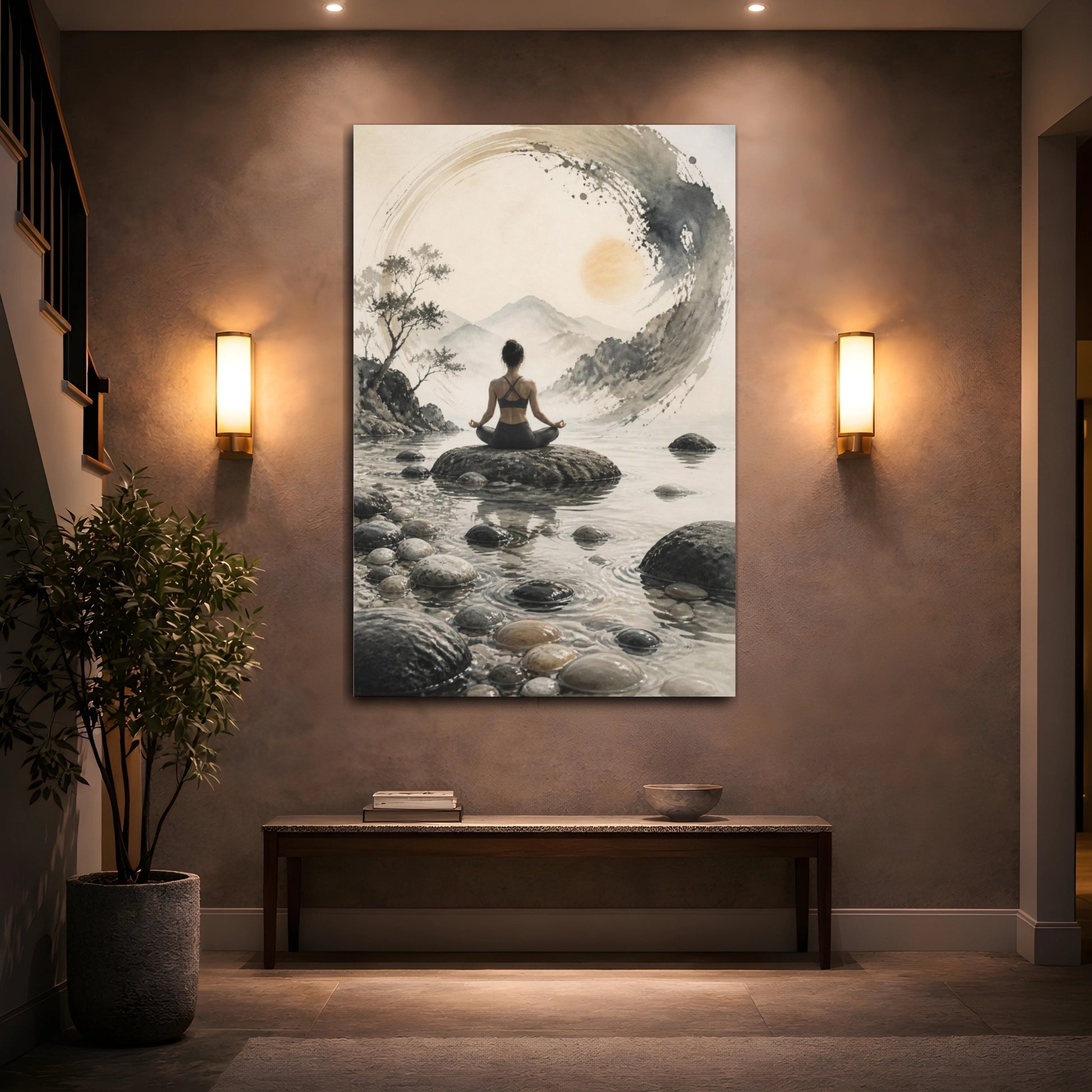Mockup 2. Yoga Wellness Meditating Woman Meditation Mountains shown as canvas print