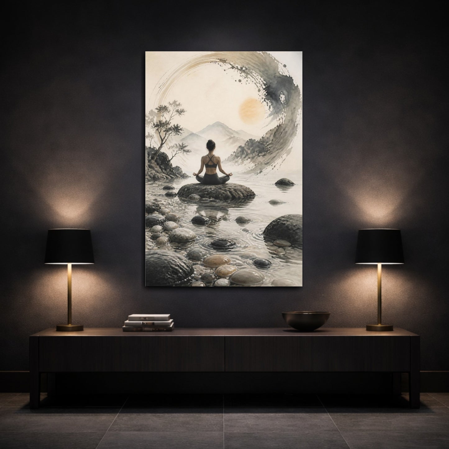 Mockup 3. Yoga Wellness Meditating Woman Meditation Mountains shown as canvas print