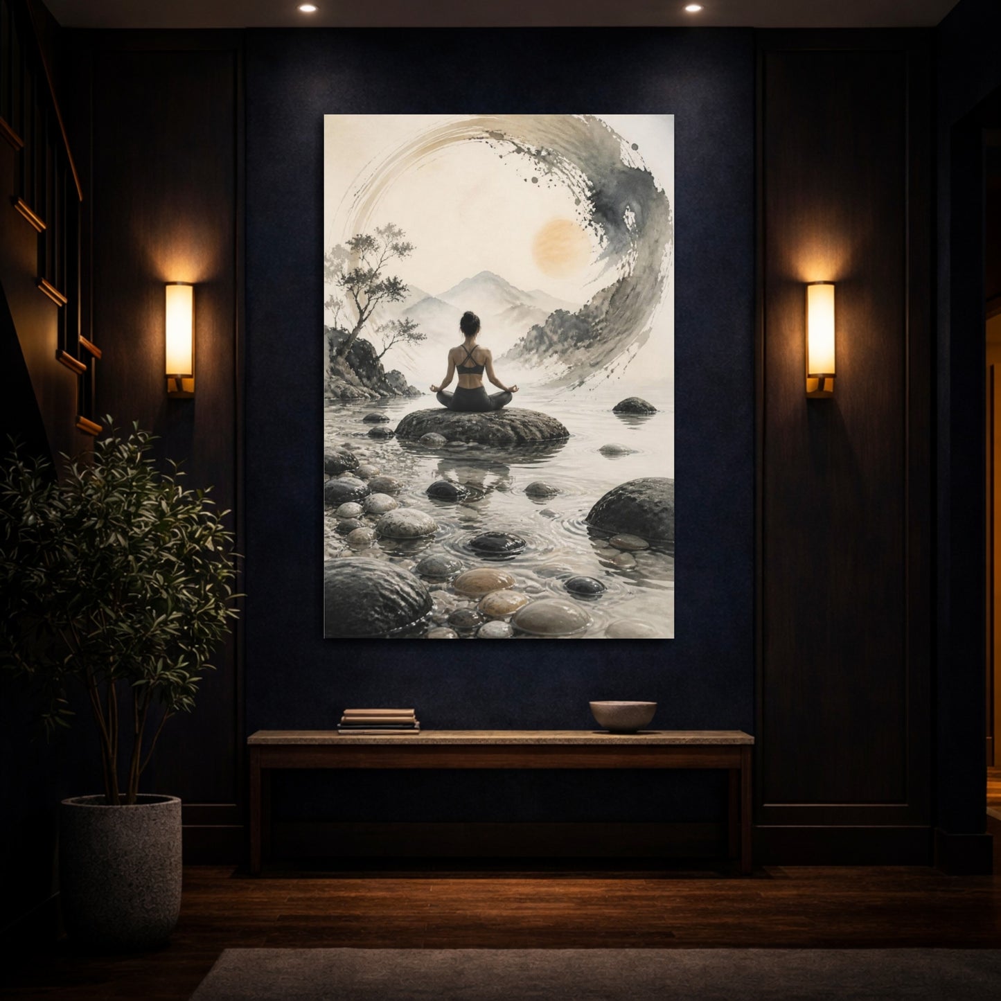 Mockup 4. Yoga Wellness Meditating Woman Meditation Mountains shown as canvas print