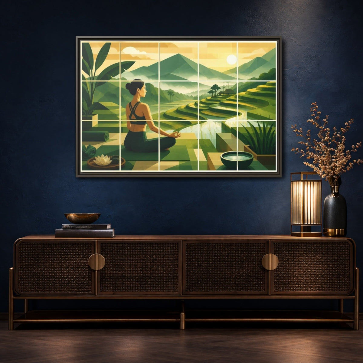 Yoga Woman At Rice Terraces Framed Canvas Print – Living Room, Above Couch, Jade & Gold - YesArtYes