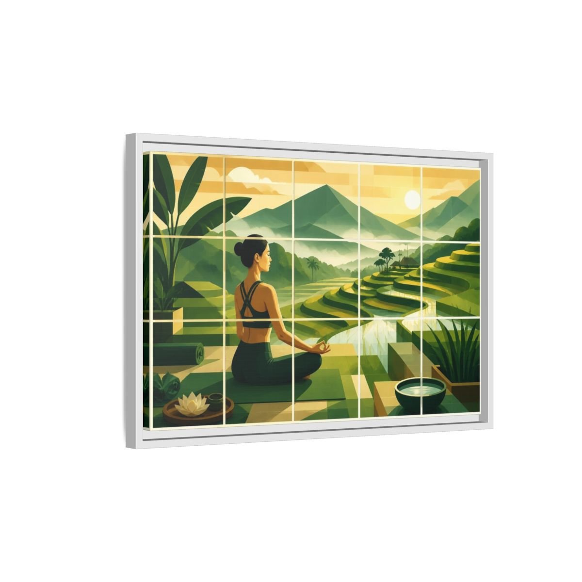 Yoga Woman At Rice Terraces Framed Canvas Print – Living Room, Above Couch, Jade & Gold - YesArtYes