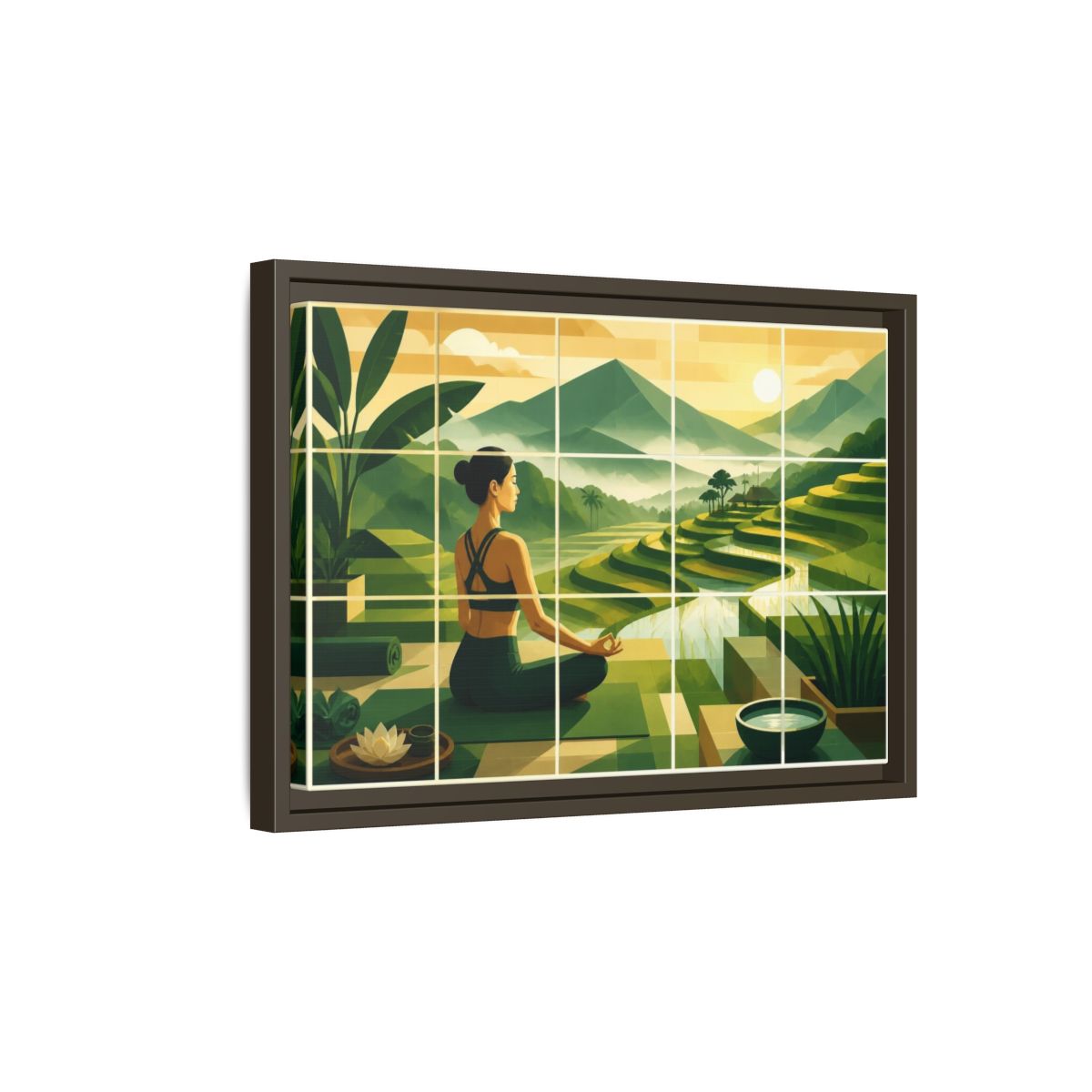 Side Mockup 5. Yoga Woman At Rice Terraces shown as framed canvas print