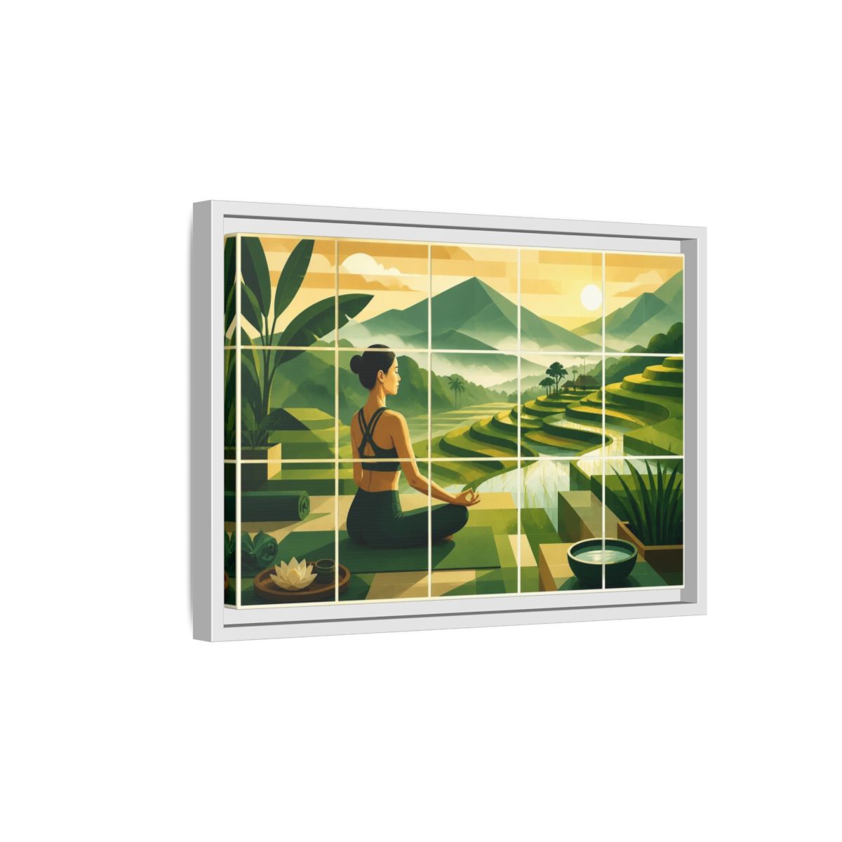 Side Mockup 4. Yoga Woman At Rice Terraces shown as framed canvas print