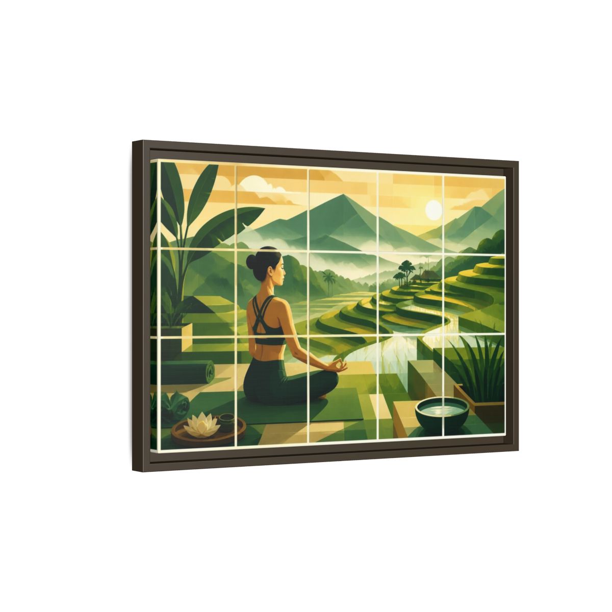 Side Mockup 2. Yoga Woman At Rice Terraces shown as framed canvas print