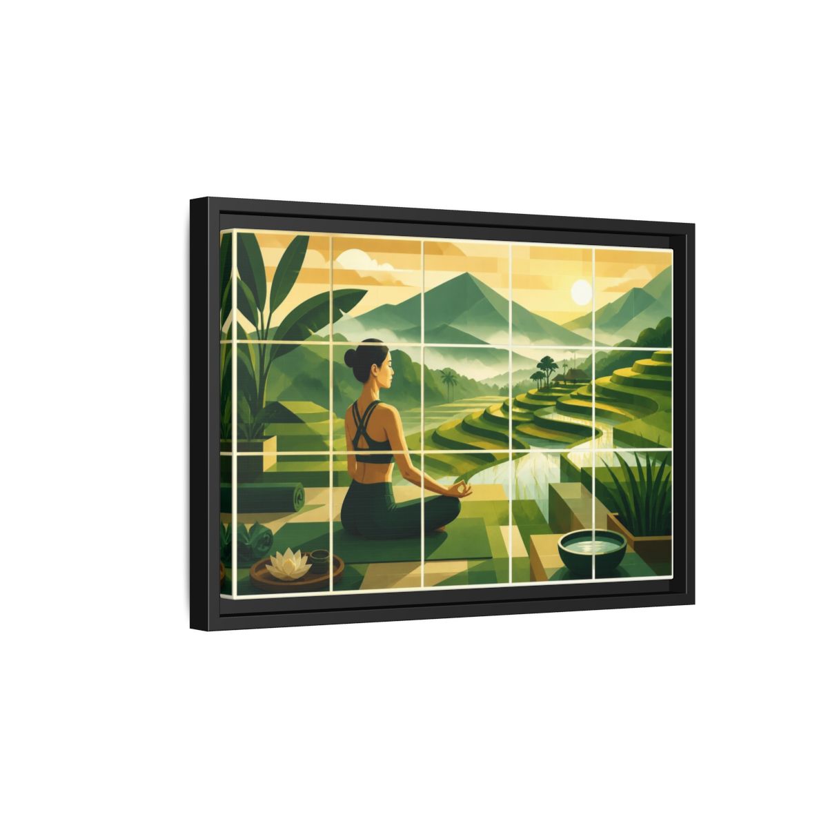 Side Mockup 6. Yoga Woman At Rice Terraces shown as framed canvas print