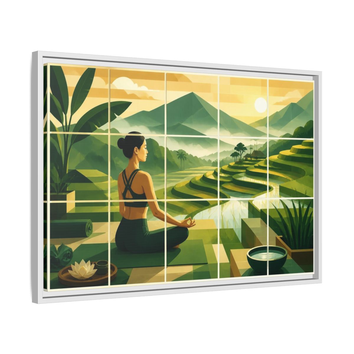 Side Mockup 10. Yoga Woman At Rice Terraces shown as framed canvas print