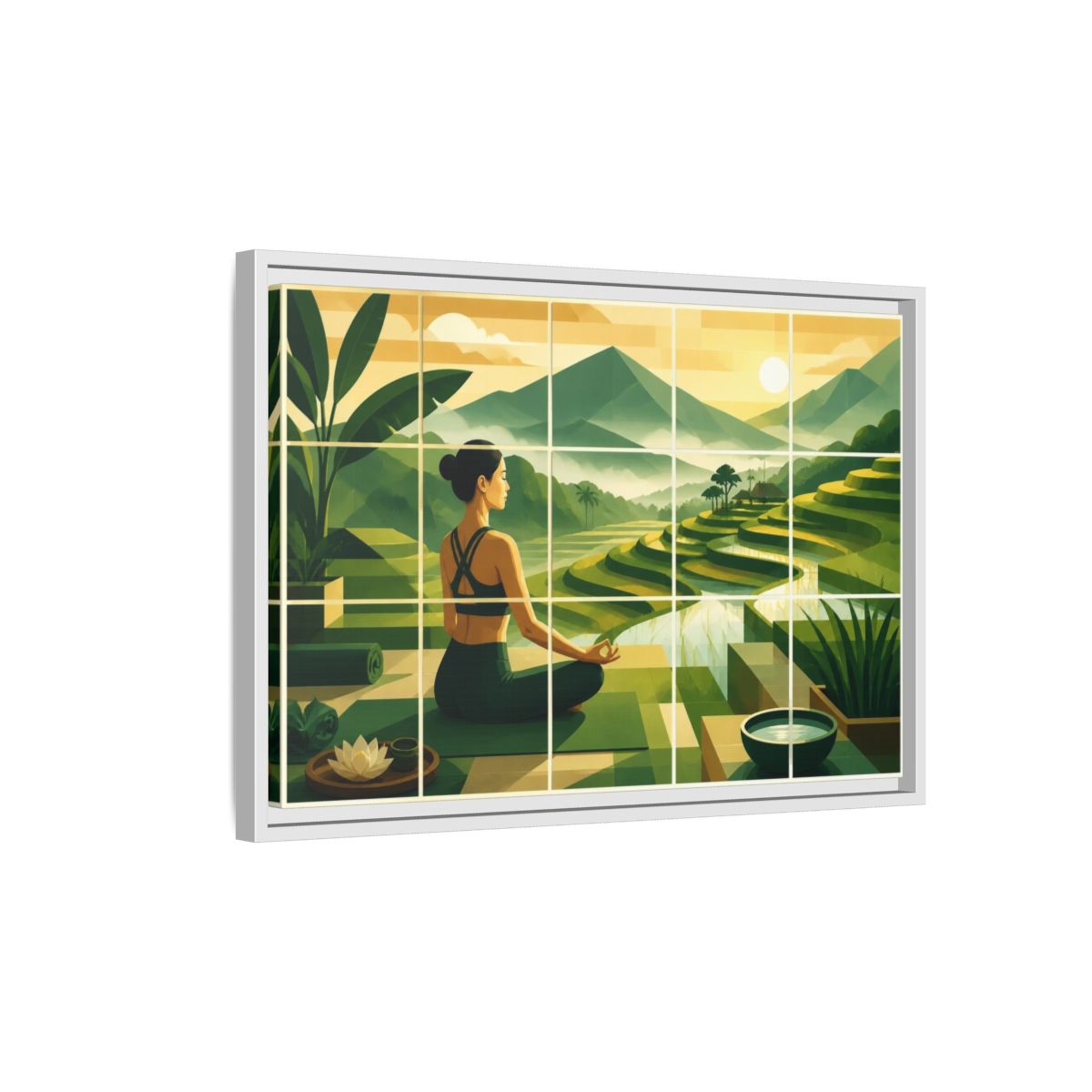 Side Mockup 1. Yoga Woman At Rice Terraces shown as framed canvas print