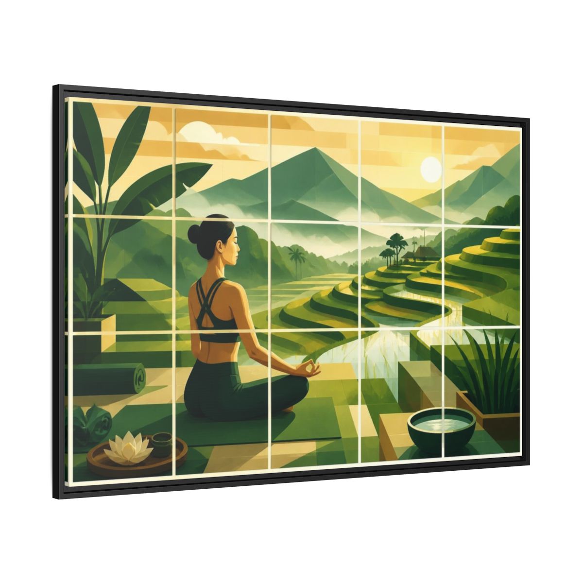 Side Mockup 12. Yoga Woman At Rice Terraces shown as framed canvas print