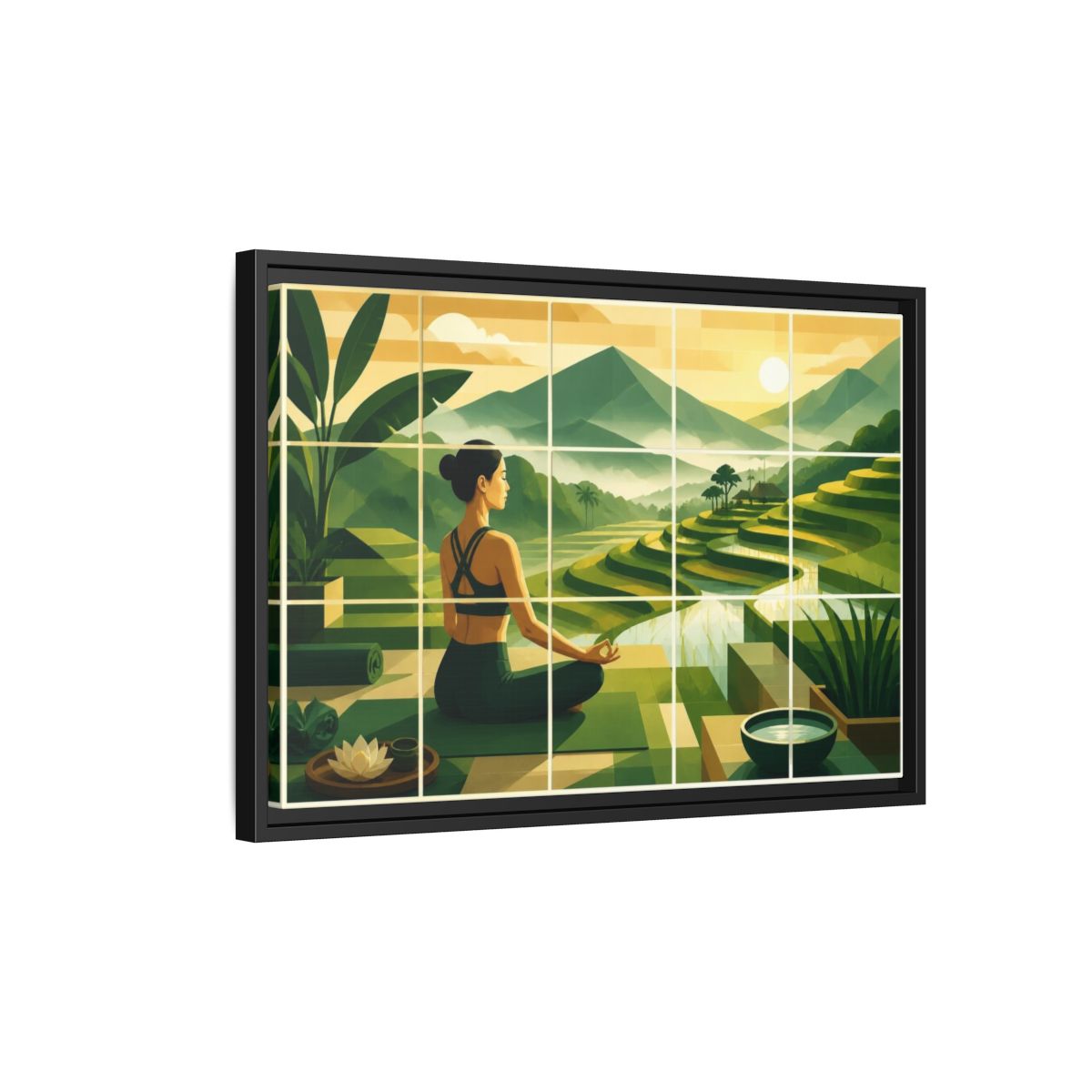 Side Mockup 3. Yoga Woman At Rice Terraces shown as framed canvas print